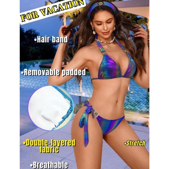 Sexy Women's Metallic Gold Bikini Set & Crystal Headband,triangle Halter, Large - Picture 14 of 14